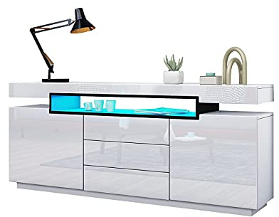 AWOOOD White Sideboard Cabinet Cupboard Matt Body & High Gloss TV Stand Unit LED Light with 2 Doors 3 Drawers 160cm for Living Room Dining Room