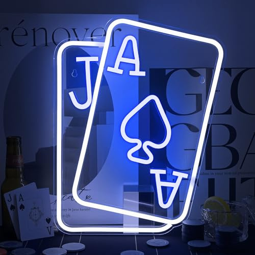 Gamerneon Playing Cards Neon Signs for Wall Decor Poker Teens Led Neon Light Blue White Usb Light Sign for Bedroom Casino Bar Hotel Play Room Birthday Party Decor