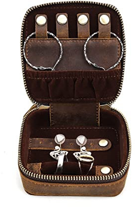 Hiram Reise-Schmuckkästchen, Retro-Echtleder-Aufbewahrungsbox für Ohrringe, Ringe, Halsketten, Armbänder, Schmuckschatulle für Damen, Mädchen, Schmuckgeschenk (Kaffee)