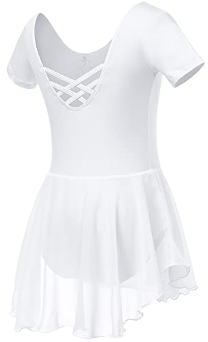 Soudittur Vestito Costume da Balletto Manica Corta Body Danza Classica Ginnastica Artistica Balletto Leotard con Chiffon Gonna per Bambina e Ragazze (110, Bianco)