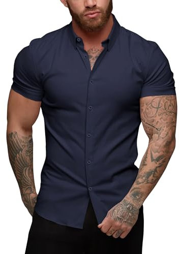 URRU Men's Muscle Dress Shirts Slim Fit Stretch Short Sleeve Casual Button Down Shirts for Men Navy Blue M