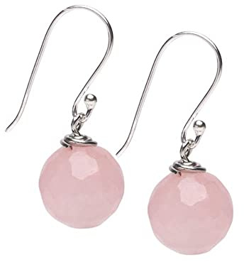 Frauen handgefertigte natürliche Edelstein Sterling Silber baumeln Ohrringe 12mm Kugel Perle Ohrringe | Schmuck Geschenk für Frauen, Mädchen (Rosenquarz)