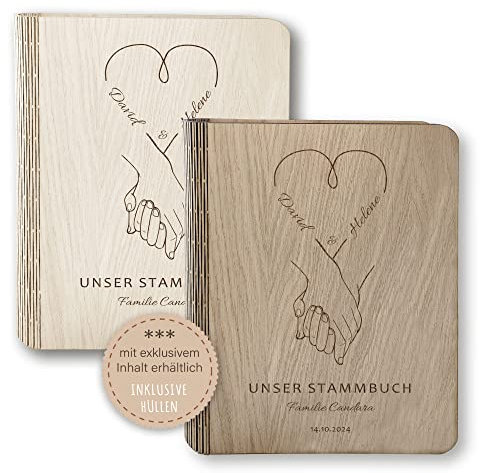 Stammbücher Holz Stammbuch der Familie personalisiert Forever Holzbuch A5 oder A4 Familienstammbuch Herz beige braun Handarbeit