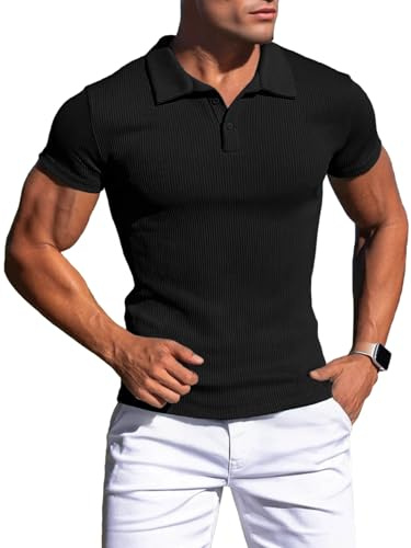 Agilelin Polo Hommes Manches Courtes T-Shirts,T-Shirts Homme Stretch Muscle,Chemise Casual Côtelée,Workout Golf（Noir/M