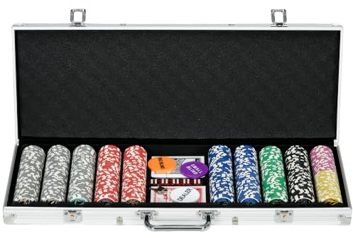 SPORTNOW 500-Piece Poker Chips Set with Aluminium Case, Holdem Poker Set | Mat, 11.5g Numbered Chips with Values, Two Decks of Cards, Dealer, Five Dices
