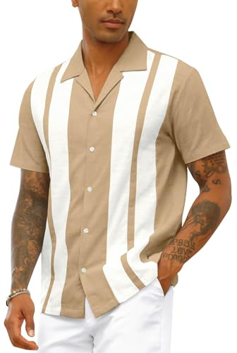 Chemise de bowling vintage en coton et lin à manches courtes pour homme