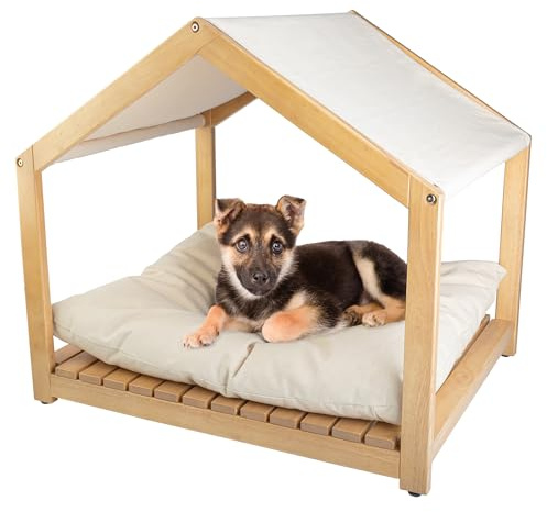 Dog House - 30x24-Inch Indoor Dog House with Soft Cushion and Adjustable Canopy - Wood Dog Furniture for Small to Medium Pets up to 70lbs by PETMAKER