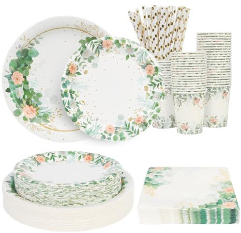 Juego de platos, servilletas y vasos de papel verde salvia para 25 personas, platos desechables, platos de baby shower, tazas y servilletas para cumpleaños, boda, baby shower, decoración de fiesta de