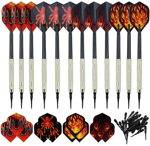 Strehknewen 12 Stück Dartpfeile Set, Dartpfeile mit kunststoffspitze, 24 Flights in 4 Designs, 100 zusätzliche Dartspitzen, geeignet für Elektronische Dartscheibe, Gesellschaftsspiele, Zusammenkünfte