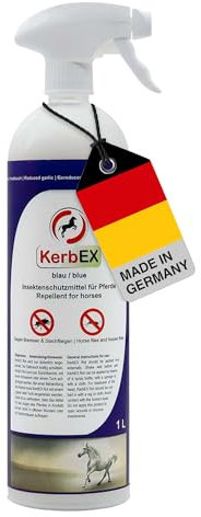 KerbEx blau Insektenabwehrmittel für Pferde bei mittlerem Insektenbefall – Mit reduziertem Knoblauch, langanhaltender Schutz gegen Bremsen, Mücken, Kriebelmücken und Zecken – 1L mit Sprühkopf