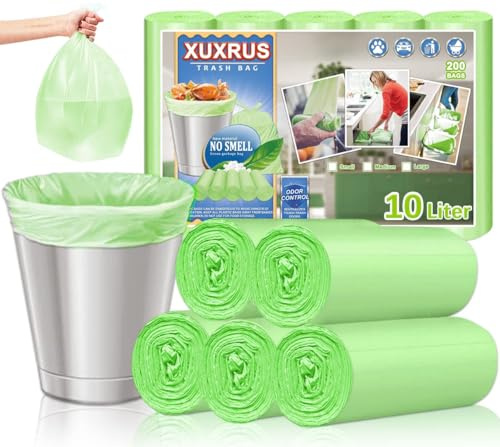 XUXRUS 200 Pezzi Sacchetti Spazzatura Piccoli, Sacchetti Rifiuti 10 Litri 45x50cm, Anti-Perdite, Senza Odore, Ultraresistenti per Cucina, Soggiorno, Ufficio (Verde)