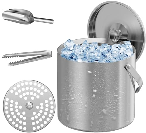 LHD HOME Ice Bucket, Ice Bucket with Lid Ice Tong Ice Scoop and Strainer for Cocktail Parties 3L Stainless Steel Insulated Ice Bucket Double Wall Keeps Ice Cold&Dry for Home Bar Beer Champagne