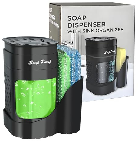 Dispensador Jabon Cocina y 2 Estropajos Antirayaduras | OoNeM | Jabonera Cocina con Uso de Una Mano | Ahorro de Jabón | 450ml | Dosificador Jabon Cocina