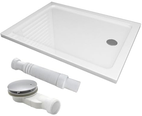 MIQU Piatto doccia 100 x 80 cm in acrilico bianco piatto doccia rettangolare con foro di scarico Ø 90 mm, altezza 4 cm, piatto con tubo di scarico per doccia e doccia in bagno BF1280