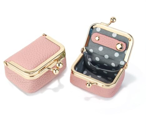 Nefokfdus Genuine Leather Mini Jewelry Box Coin Purse for Women,Solid Color Kiss Lock Jewelry Case Organizer,Mini Travel Ring Box, Pink, Pouch