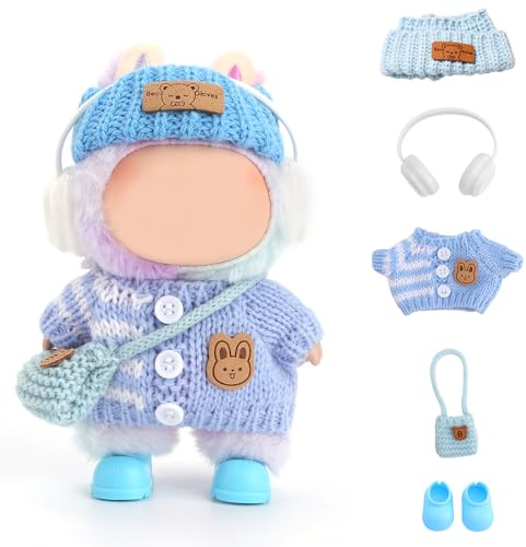 FIDWALL Doll Clothes for Labubu,5-Piece Outfit Set for 17cm Dolls,Handcrafted Crochet Clothing with Knitted Headband,Headphones,Shoulder Bag & Shoes,Lovely Doll Accessories (No Doll) (Misty Blue)