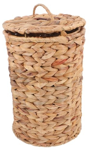 FONDOTIN Cestas Mimbre Tejidas a Mano de Hierba Calabaza con Tapa, Bote de Basura Decorativo para Escritorio y Sala de Estar, Ligera y Compacta para Uso Versátil