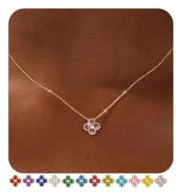 FUNEIA Kette Gold Damen Halskette 18k Vergoldete mit Geburtsstein Anhänger | Goldkette Wasserfest Verstellbare Goldene Kette Kleeblatt für Freundin Frauen Mutter Goldschmuck Geburtstag Geschenk