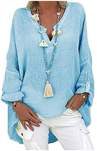 Linneblus damer långärmad stora storlekar, linneskjorta damer oversize linneskjorta boho skjorta blus v-ringad muslinblus lös linnetunika elegant blusskjorta enfärgad långärmad skjorta