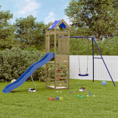 Ordellia Torre de juegos de madera de pino impregnada con tobogán ondulado, columpio individual, arenero y techo de nubes, rueste de escalada para jardín, parque infantil para niños de 3 a 8 años