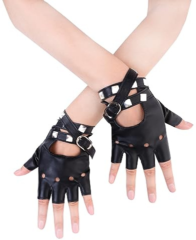 JISEN Women Punk Belt Up Half Finger PU Leather Performance Gloves Black