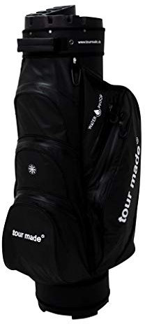 Tour Made WP14 V2 I Golfbag Cartbag ohne Schlägerklappern I Wasserdicht I Herren & Damen I Organizer Trolleybag Golftasche (Black-Black)