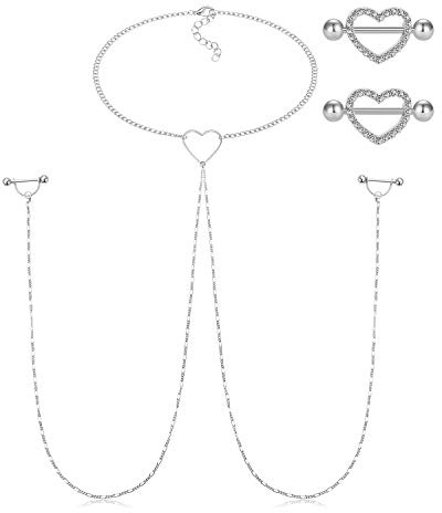 AceFun 14G Acier Inoxydable Forme de Coeur Chaîne,Anneaux de Téton Mamelon Choker Collier en Acier Pendentif Anneau de Téton Femmes Bijoux Piercing