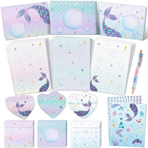 Mermaid Paper and Envelopes Set - 71PCS Magical Mermaid Stationery Paper for Kids Girls Christmas Birthday Gifts Stationery Letter Writing Set Envelopes Greeting Cards Stickers Ballpoint Pen Gift Box