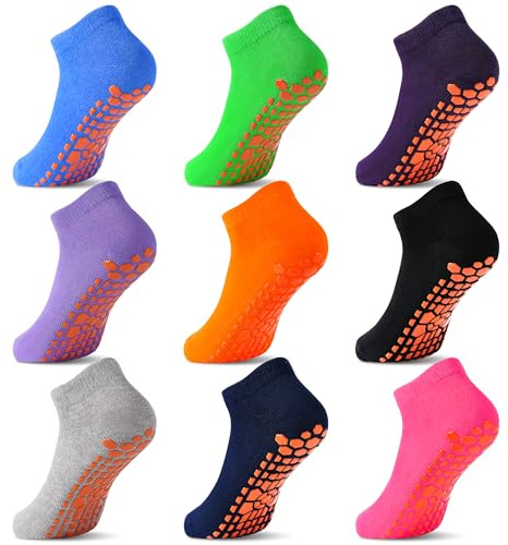 ELUTONG Kids Non-Slip Trampoline Socks, 9 Pairs Boys' and Girls' Grips Ankle Socks for Children 6-9 Years