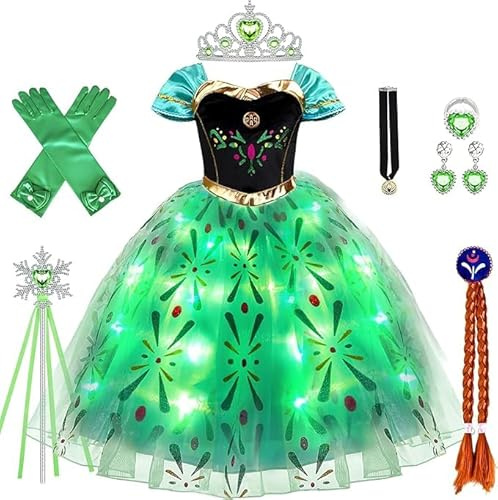 vamei LED Deguisement Fille Princesse Robe Enfant Costume avec Perruque Couronne Gants pour Anniversaire Fête Cosplay Halloween Noël Partie Carnaval (110)