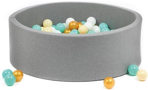 LUDI - Piscine à Balles Ronde en Mousse - Ø 90 cm x H 30 cm - pour Bébé dès 6 Mois - 100 Balles Incluses - Tissu Doux et Lavable - Couleur Gris - Favorise Motricité et Coordination - Facile à Monter