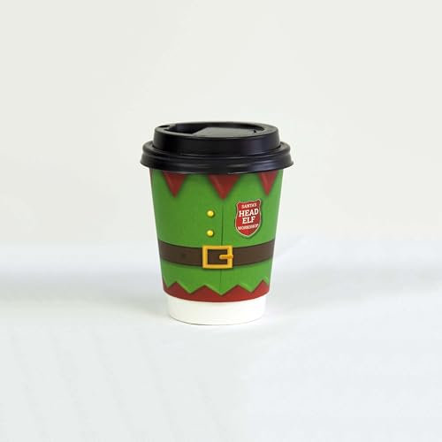 Decor Essentials Elf Themed 12oz/355ml 25 Pack Disposable Festive Cups with Lid for Hot & Cold Drinks Tea Coffee Mulled Wine Perfect for House Parties Family Christmas Xmas Celebrations Events Cafes