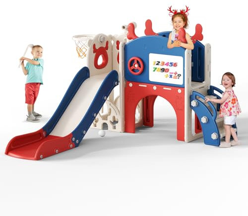 Krovtoy Toddler Slide Elk Theme Kid Slide Freestanding with Basketball Hoop, golf set,Baby Slide Playground Equipment,for in/outdoor use (6-in-1 red blue)