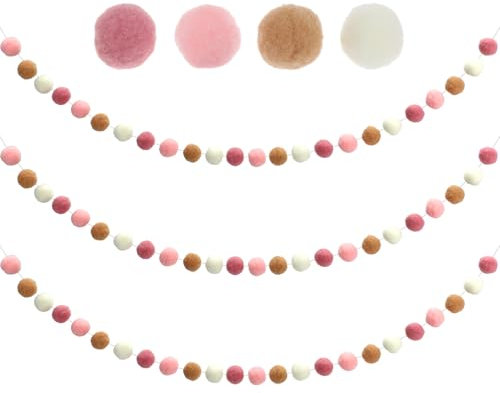 3 Stück Filzkugeln Girlanden Pompom Bunte Girlande Filzkugeln mit 90 Stück Pompom Filzball-Girlanden Pom Pom Filz Ball Girlanden Boho Dekorationen für Party Heim und Kinderzimmerdekor