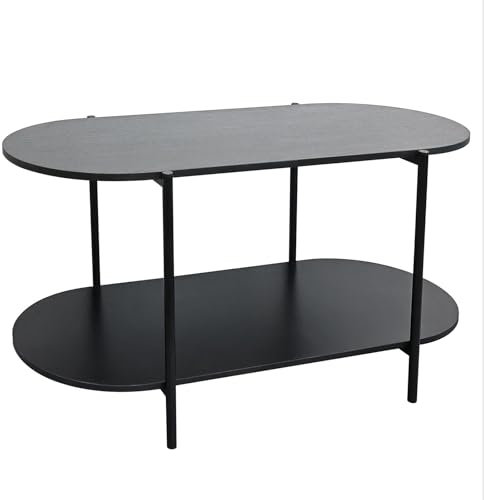 OHS Coffee Side Table with Curved 2 Tier Storage, Black Finish Wooden Coffee Table with Study Metal Frame Modern Oval Centre Tables For Living Room Office, 90x45x40cm