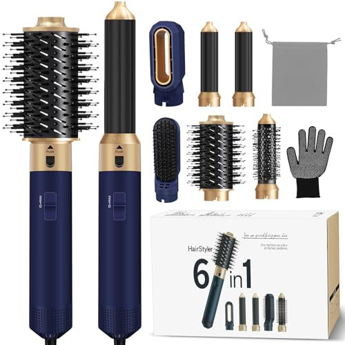 Hair Styler 6 in 1, Airstyler Haarstyler Set mit Rundbürstenföhn, Warmluftbürste, Airflow Lockenstab Automatisch, Haartrockner, Haarglätter Bürste für Glätten, Trocknen, Volumen, Locken (Dunkelblau)