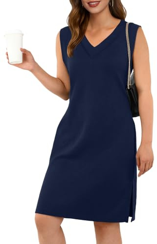 GRECERELLE Womens Summer Midi Dress 2025 Casual V Neck Loose Shirt Dresses Elegant Wrinkle-Free Sleeveless Dresses for Women UK with Split and Pockets (Navy Blue, XL)