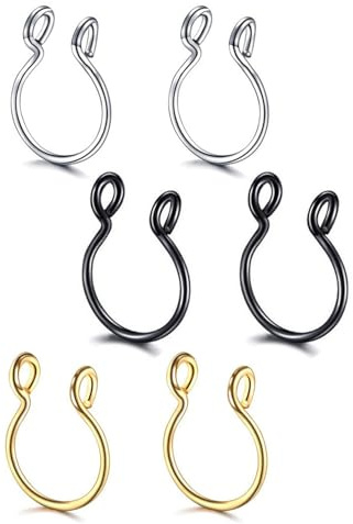 UYRVAPE 6pcs faux piercings de nez, Faux Septum Nasal Piercing anneau de nez en acier inoxydable, pas de piercing bijoux de corps pour hommes femmes ensemble de bijoux, Noir/Argent/Or