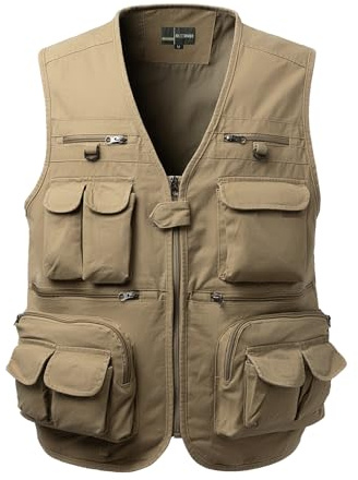 Oralidera herr utomhus fiskeväst flera fickor arbete verktygsväst ärmlös jakt väst fotografi väst, Khaki, XL