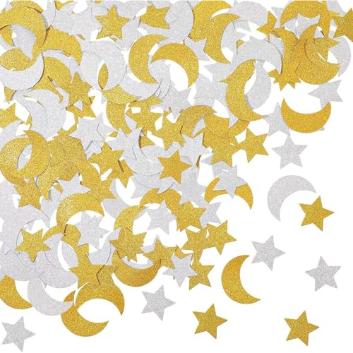 Gleemix Glitzer Konfetti Mond und Sterne, Ramadan Deko Glitzersterne Streudeko, Pailletten Glitzer Basteln Kinder Stern, Star Konfetti Gold Silber, Konfettikanone, Für Hochzeiten Ramadan Mubarak Deko