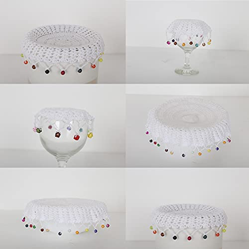 Lace Doilies with Beads Jug Covers, 100% Cotton Handmade Crochet Beaded Doyleys for Table Placemats & Dining Decor, Pack of 1 (White, 8 Inches)
