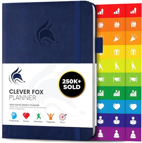 Agenda Clever Fox - Pianificatore Agendina Calendario Giornaliera e Settimanale per Produttività, Successo e Raggiungere gli Obiettivi - Diario Quotidiano e Settimanale, Blu Scuro, A5