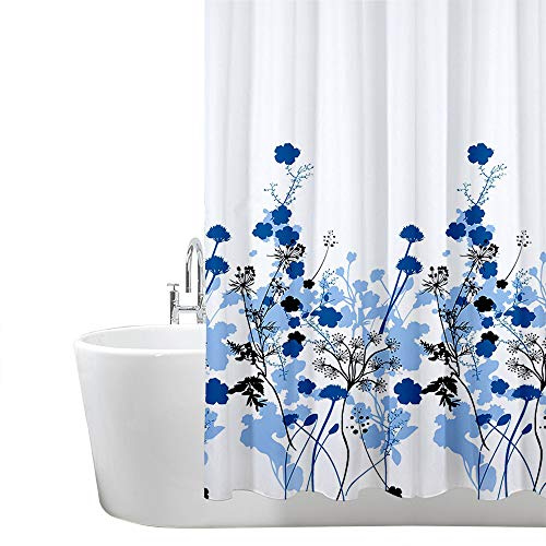 ANSIO Duschvorhang - 180 x 180 cm (71 x 71 Zoll) - Blumenmuster - Blau, Badewanne Vorhang, Antischimmel & Waschbar Shower Curtain mit 12 Duschvorhängeringen | 100% Polyester