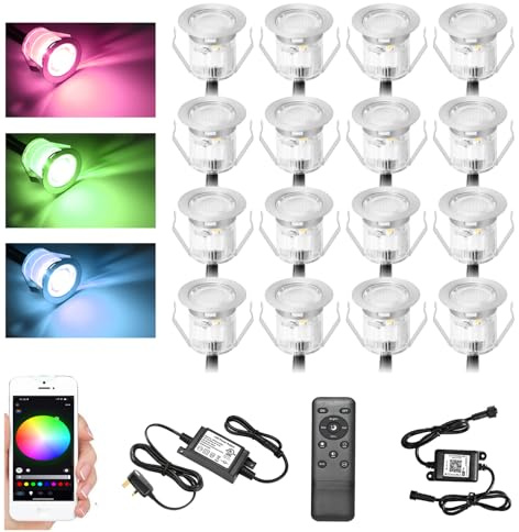 GEYUEYA Home RGB Decking Lights Kit, Ø30MM 12V 0.5W Bluetooth APP Control LED Recessed Deck Lights for Deck Patio Terrace Pathway Decoration - 20 Packs