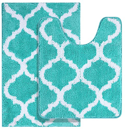 Olanly Badezimmerteppich-Set, 2-teilig, Mikrofaser, Badematte und U-förmiger WC-Vorleger, maschinenwaschbar, rutschfest, saugfähig, Dusche und Bad (50.8 x 81.3 cm + 50.8 x 61 cm, türkis)