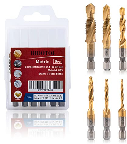 HIDOTOL Titanium Combination Drill and Tap Bits Set, 6 PC Metric Screw Taps, 3-in-1 Bit Tool for Drilling, Tapping and Countersinking