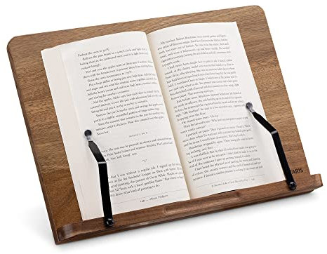 Navaris Wooden Book Stand - Hands-Free Reading Recipe Cookbook Tablet Holder with 2 Adjustable Metal Page Holders with Grips - Acacia Book Easel
