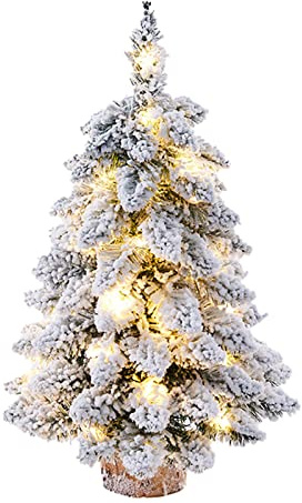 MISNODE Mini albero di Natale da tavolo da 17,7 cm, alimentato a batteria, con luci a LED, albero di Natale artificiale floccato di pino