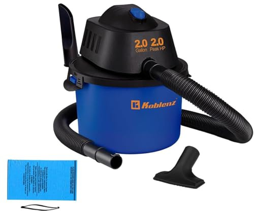 Koblenz WD-2L Portable Wet Dry Vacuum, 2-Gallon 2 PHP Suction Plus Blower Vacuum Cleaner for Liquids, Dust, Pet Hairs, 10' Reach, Ideal for Home, Car, Garage, Shop, Accessories Included, Blue/Black