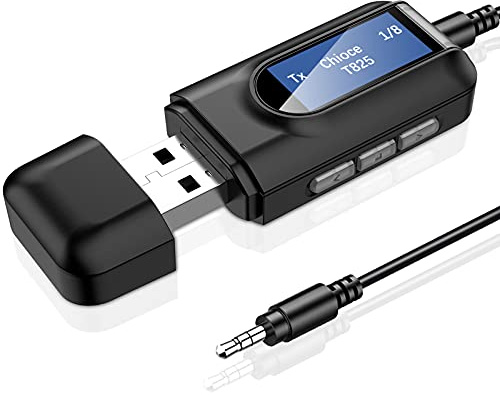 USB Bluetooth Adapter für TV, 2-in-1-Bluetooth 5.0 Sender Empfänger, Tragbarer Mini Kabellos Audio Transmitter mit Klinke AUX 3,5mm für TV, PC, Stereoanlage und Autoradio, Keine Batterie